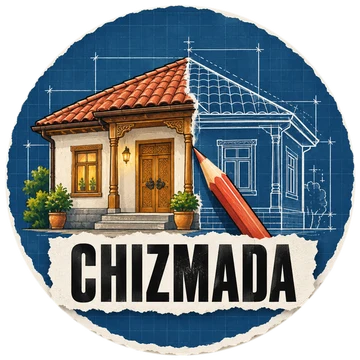 Chizmada logotipi: yarmi bo'yalgan, yarmi chizma bo'lgan o'zbek uyi